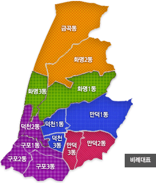부산광역시 북구의회 선거구 - 금곡동, 화명2동, 화명1동, 화명3동, 덕천2동, 덕천1동, 만덕1동, 덕천3동, 구포1동, 구포2동, 구포3동, 만덕3동, 만덕2동